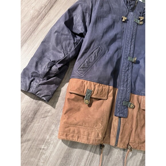 VTG Comint Brown Navy Blue Leather Coat Two Tone size L Color Block 80s hiking - Picture 11 of 14